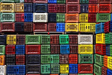 Greece, Makedonia, Verioa, geometrical colorful plastic crates forming a pattern.