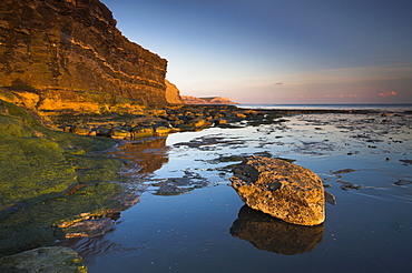 Golden late afternoon sunshine lights up the rocks and cliffs at Kimmeridge Bay, Jurassic Coast, UNESCO World Heritage Site, Dorset, England, United Kingdom, Europe