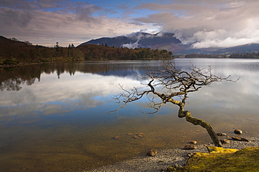 Sunshine on a cloudy morning at Derwent Water, Lake District National Park, Cumbria, England, United Kingdom, Europe