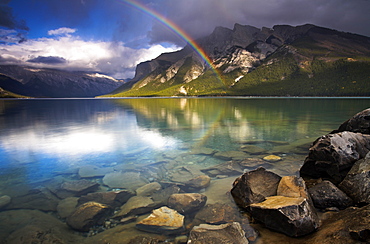 Rainbow over the waters of Lake Minnewanka, Banff National Park, UNESCO World Heritage Site, Alberta, The Rocky Mountains, Canada, North America