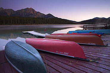 Canoes on Patricia Lake, Jasper National Park, UNESCO World Heritage Site, Alberta, Rocky Mountains, Canada, North America