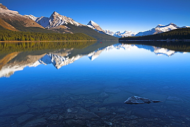 A perfectly still Maligne Lake, Jasper National Park, UNESCO World Heritage Site, Alberta, Canada, North America