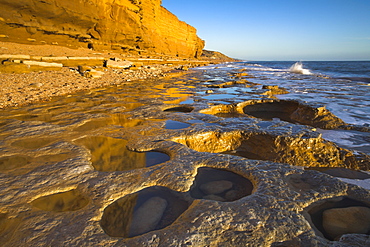 Golden sandstone Burton Cliff, Burton Bradstock, Jurassic Coast, UNESCO World Heritage Site, Dorset, England, United Kingdom, Europe