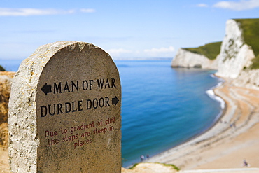 South West Coast Path clifftop signpost, Durdle Door, Jurassic Coast, UNESCO World Heritage Site, Dorset, England, United Kingdom, Europe