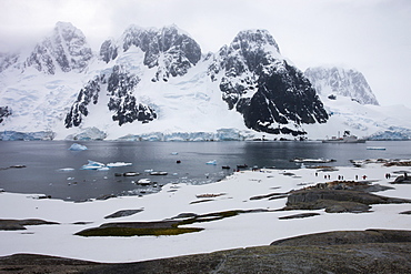 Tourists walking through a penguin colony at Pleneau Island, Antarctic Peninsula, Antarctica, Polar Regions