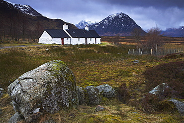 Black Rock Cottage, solitary and exposed on Rannoch Moor, Highlands, Scotland, United Kingdom, Europe