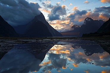 Sunset at Milford Sound in Fiordland National Park. Fiordland, South Island, New Zealand, Pacific