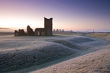 The ruins of Knowlton Church on a frosty winter morning, Dorset, England, United Kingdom, Europe