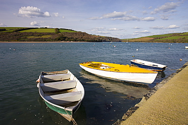 Boats moored on the River Avon estuary in Bantham, South Devon, England, United Kingdom, Europe