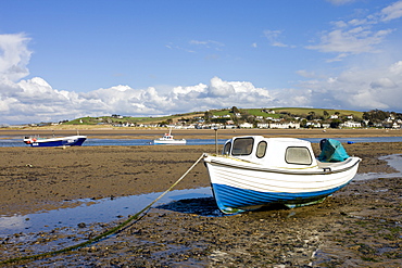 Boat at Appledore stranded on sand at low tide, Devon, England, United Kingdom, Europe