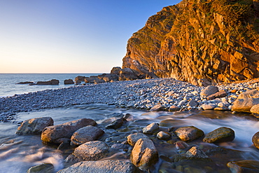 River Heddon flows out to the sea at Heddons Mouth, Exmoor National Park, Devon, England, United Kingdom, Europe