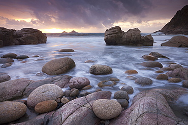 Sunset over The Brisons and Porth Nanven, West Cornwall, England, United Kingdom, Europe