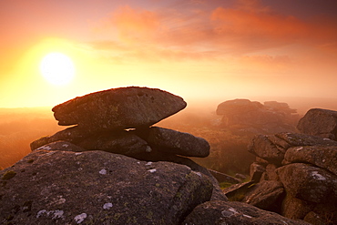 Mist on Littaford Tor at sunrise, Dartmoor, Devon, England, United Kingdom, Europe