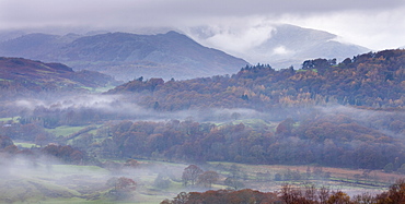 Mist lurks in the Brathay Valley near Elterwater, Lake District National Park, Cumbria, England, United Kingdom, Europe