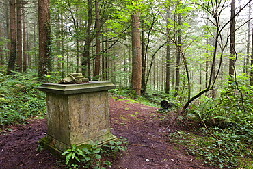 Memorial to landowner Peter Comyns deep inside Morchard Wood, Morchard Bishop, Devon, England, United Kingdom, Europe