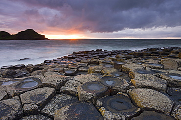 Sunset over the Giants Causeway, UNESCO World Heritage Site, County Antrim, Northern Ireland, United Kingdom, Europe