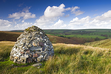 Stone cairn dedicated to John William Fortescue, Historian of the British Army, near Simonsbath, Exmoor National Park, Somerset, England, United Kingdom, Europe