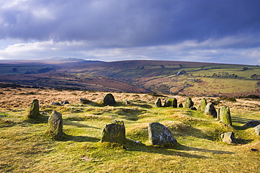 The Nine Maidens stone circle, otherwise known as the Seventeen Brothers on Belstone Common in Northern Dartmoor National Park, Devon, England, United Kingdom, Europe