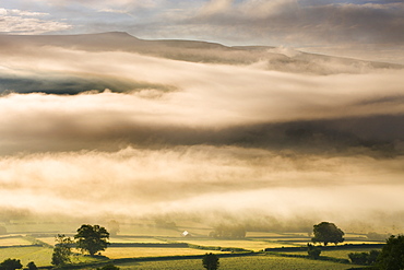 Mist hanging over countryside near Bwlch, Brecon Beacons National Park, Powys, Wales, United Kingdom, Europe