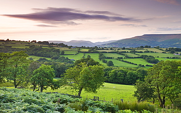 Rolling countryside at twilight, Brecon Beacons National Park, Powys, Wales, United Kingdom, Europe