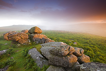 Sunset and misty conditions on the moorland near Haytor, Dartmoor National Park, Devon, England, United Kingdom, Europe