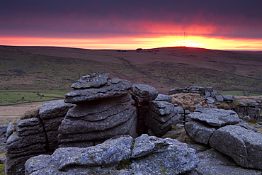 Sunrise over Great Staple Tor, Dartmoor National Park, Devon, England, United Kingdom, Europe