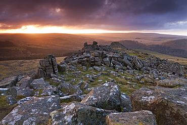 Winter sunrise viewed from Sharpitor, Dartmoor National Park, Devon, England, United Kingdom, Europe