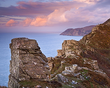 Foreland Point from the Valley of Rocks at sunset, Exmoor, Devon, England, United Kingdom, Europe