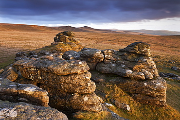 Evening sunlight on Arms Tor, looking towards Chat Tor and Hare Tor, Dartmoor National Park, Devon, England, United Kingdom, Europe