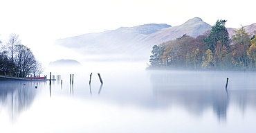 Misty morning on Derwent Water, Keswick, Lake District National Park, Cumbria, England, United Kingdom, Europe