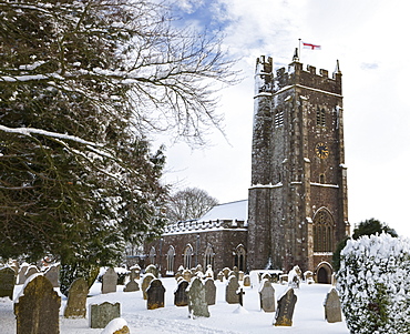 Rural Parish Church in winter snow, Morchard Bishop, Devon, England, United Kingdom, Europe