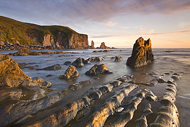 Golden evening sunlight bathes the rocks and ledges at Bantham in the South Hams, South Devon, England, United Kingdom, Europe