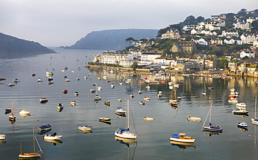 Early morning sunlight on Salcombe and the yachts in Kingsbridge Estuary, South Hams, Devon, England, United Kingdom, Europe