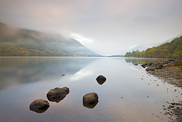 Loch Voil shrouded in mist at dawn in autumn, Balquhidder, Loch Lomond and The Trossachs National Park, Stirling, Scotland, United Kingdom, Europe