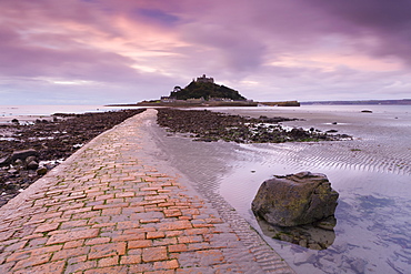 Causeway at low tide, leading to St. Michael's Mount, Cornwall, England, United Kingdom, Europe