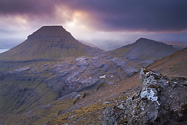 Atmospheric sunset over Skaelingur mountain on the island of Streymoy, Faroe Islands, Denmark, Europe