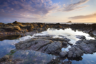 Rockpools at Wembury Bay at sunset, Devon, England, United Kingdom, Europe