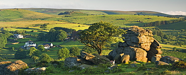 Dartmoor moorland and countryside in summer time, Saddle Tor, Dartmoor, Devon, England, United Kingdom, Europe