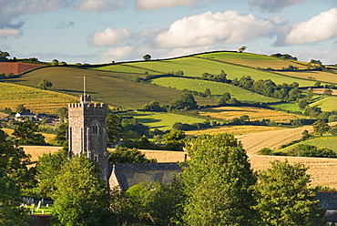 Rural church surrounded by rolling countryside, Shobrooke, Devon, England, United Kingdom, Europe