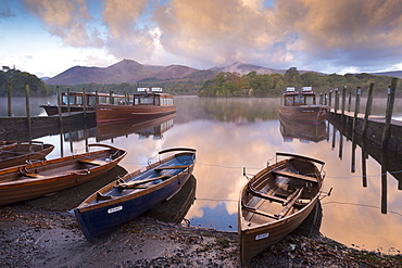 Boats and jetties near Friars Crag at dawn, Derwent Water, Lake District National Park, Cumbria, England, United Kingdom, Europe