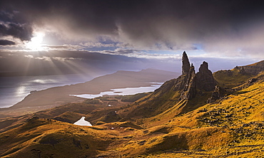 Dramatic autumn light on the Old Man of Storr, Isle of Skye, Inner Hebrides, Scotland, United Kingdom, Europe