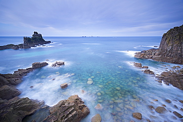 Looking towards Longships lighthouse from Lands End, Cornwall, England, United Kingdom, Europe 