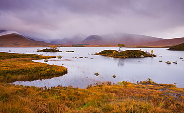 Stormy skies over Lochan Na H-Achlaise on Rannoch Moor in autumn, Highlands, Scotland, United Kingdom, Europe