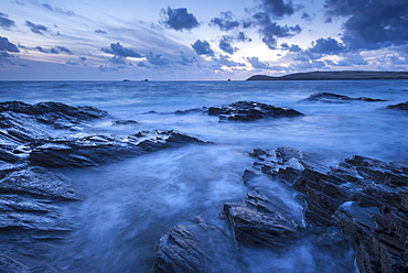 Twilight over Trevose Head from the rocky shores of Treyarnon Point, Cornwall, England, United Kingdom, Europe 