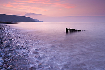 High tide at Bossington Beach at sunset, Exmoor, Somerset, England, United Kingdom, Europe