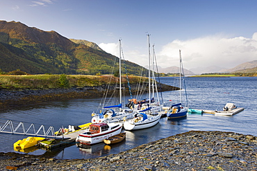 Yachts moored on Loch Linnhe at Ballachulish, Highlands, Scotland, United Kingdom, Europe