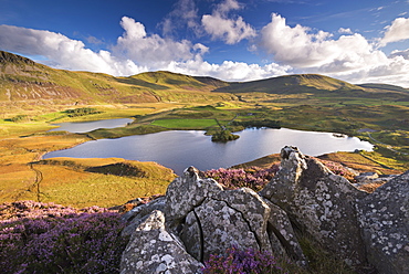 Sunlit mountains surrounding Cregennen Lakes, Snowdonia National Park, Wales, United Kingdom, Europe