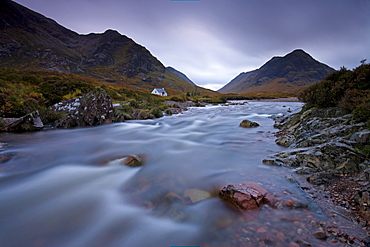 Lagangarbh cottage beside in River Coupall in Glen Coe, Highlands, Scotland, United Kingdom, Europe