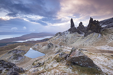 Winter scene at the Old Man of Storr, Isle of Skye, Inner Hebrides, Scotland, United Kingdom, Europe