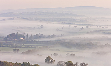 Mist covered rolling countryside of the Brecon Beacons National Park, Powys, Wales, United Kingdom, Europe